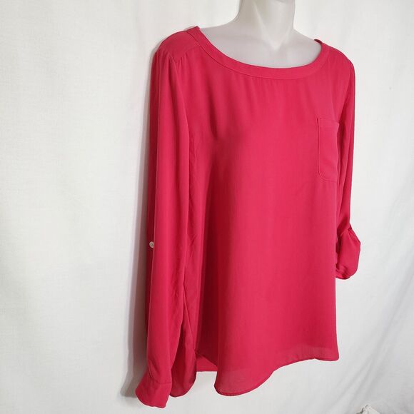Ann Taylor Loft Womens Blouse Small Pink Long Rolled Tab Sleeves Pocket Tunic - Picture 4 of 8
